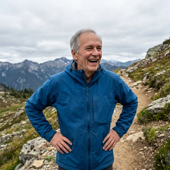 Smiling older man hiking a mountain trail